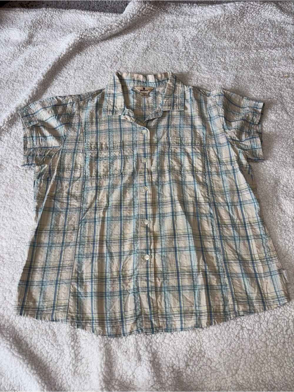 Woolrich Short-Sleeve Plaid Button-Up Shirt in Cream and Blue XL 100% Cotton